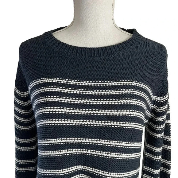 Aqua Navy Blue and White Striped Sweater Size Small Long Flared Sleeves Knit Top - Picture 4 of 9